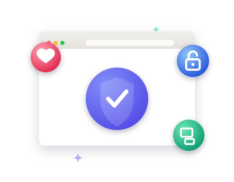 Illustration of a browser window with a verified checkmark shield, surrounded by badges for free, private and works on every device
